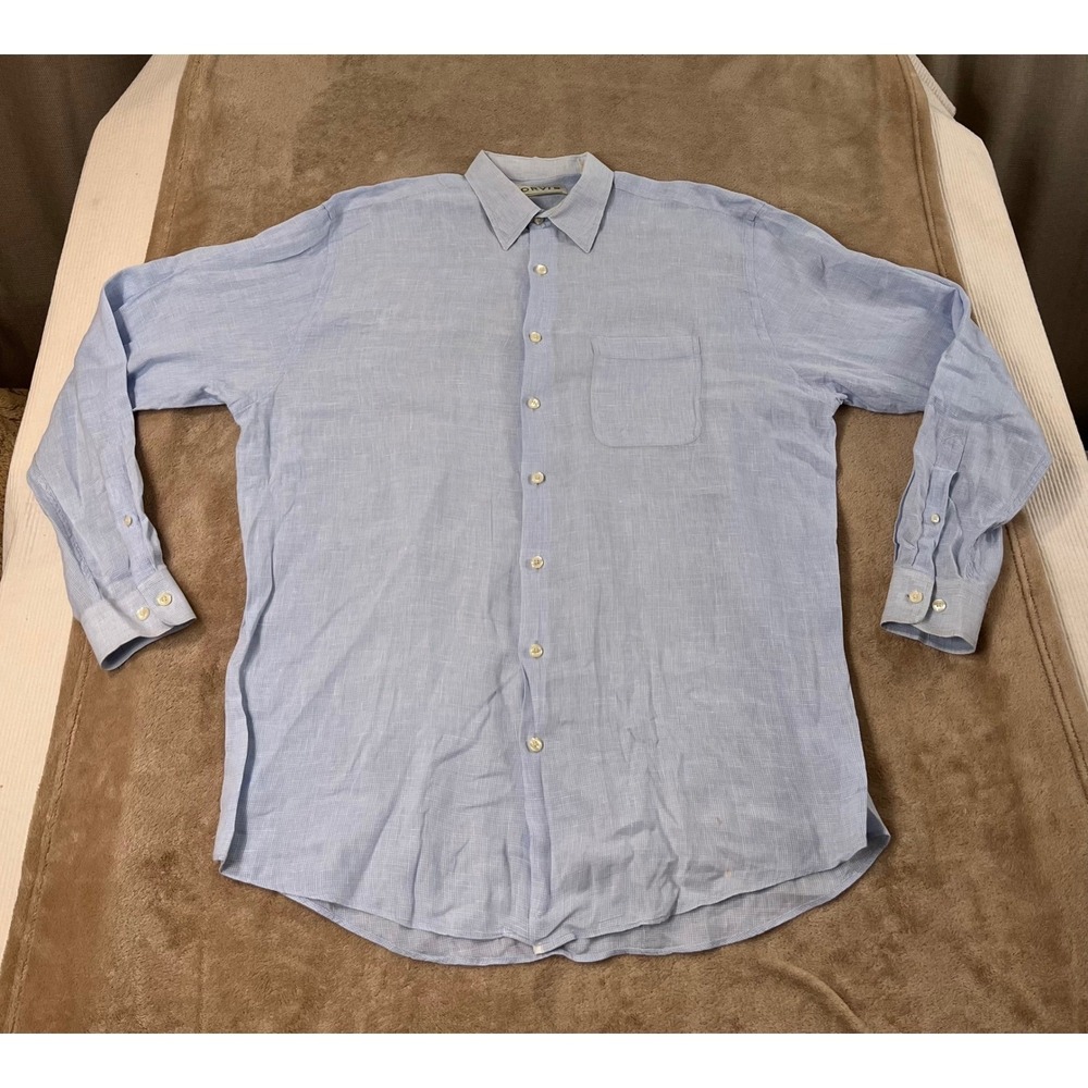 Orvis Mens XL Blue Micro Check Linen Long Sleeve Button Up Casual Shirt